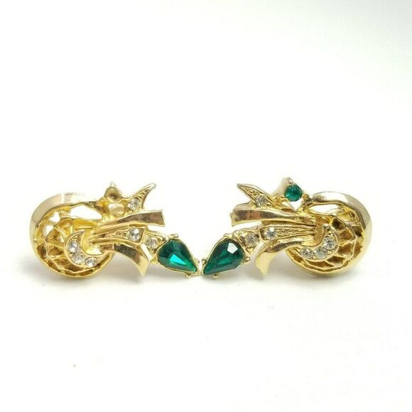 Vintage Green Rhinestone Mid-Century Style Clip On Earrings, Gold Tone Setting - Picture 2 of 7